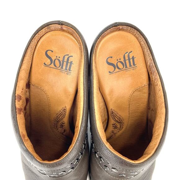 Sofft Soleil High Heel Clog/Mule Size 7.5 Brown/Green Leather Cushioned Studded - Picture 5 of 15